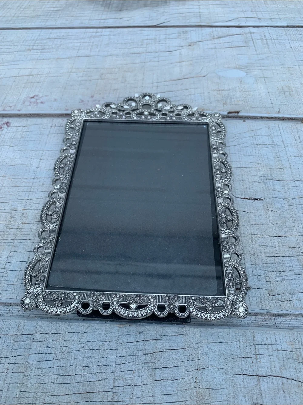 Vintage Silver Tone Ornate Metal Picture Frame Jeweled Rhinestone Marcasite 5x7